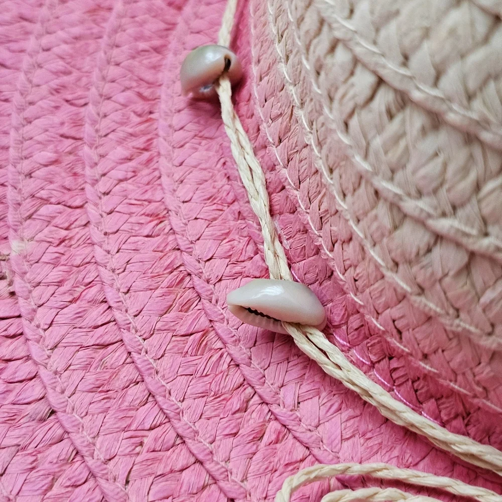 Betsey Johnson Pink Ombre Floppy Paper Hat Shell Detail Beach Boho NWT